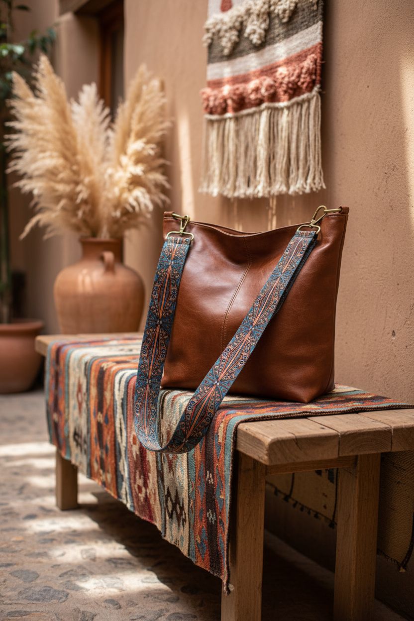Huwzder vegan leather hobo bag displayed in sunlit courtyard with rustic decor
