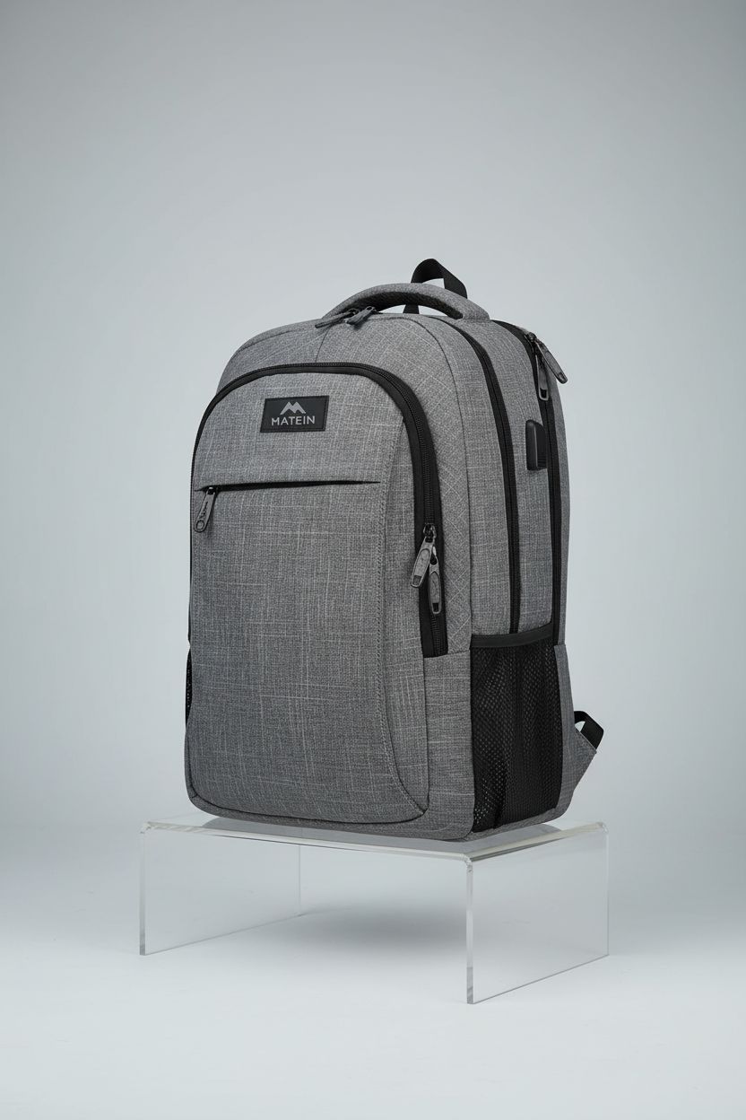 MATEIN sleek grey laptop backpack on acrylic riser, showcasing premium fabric and USB charging feature.