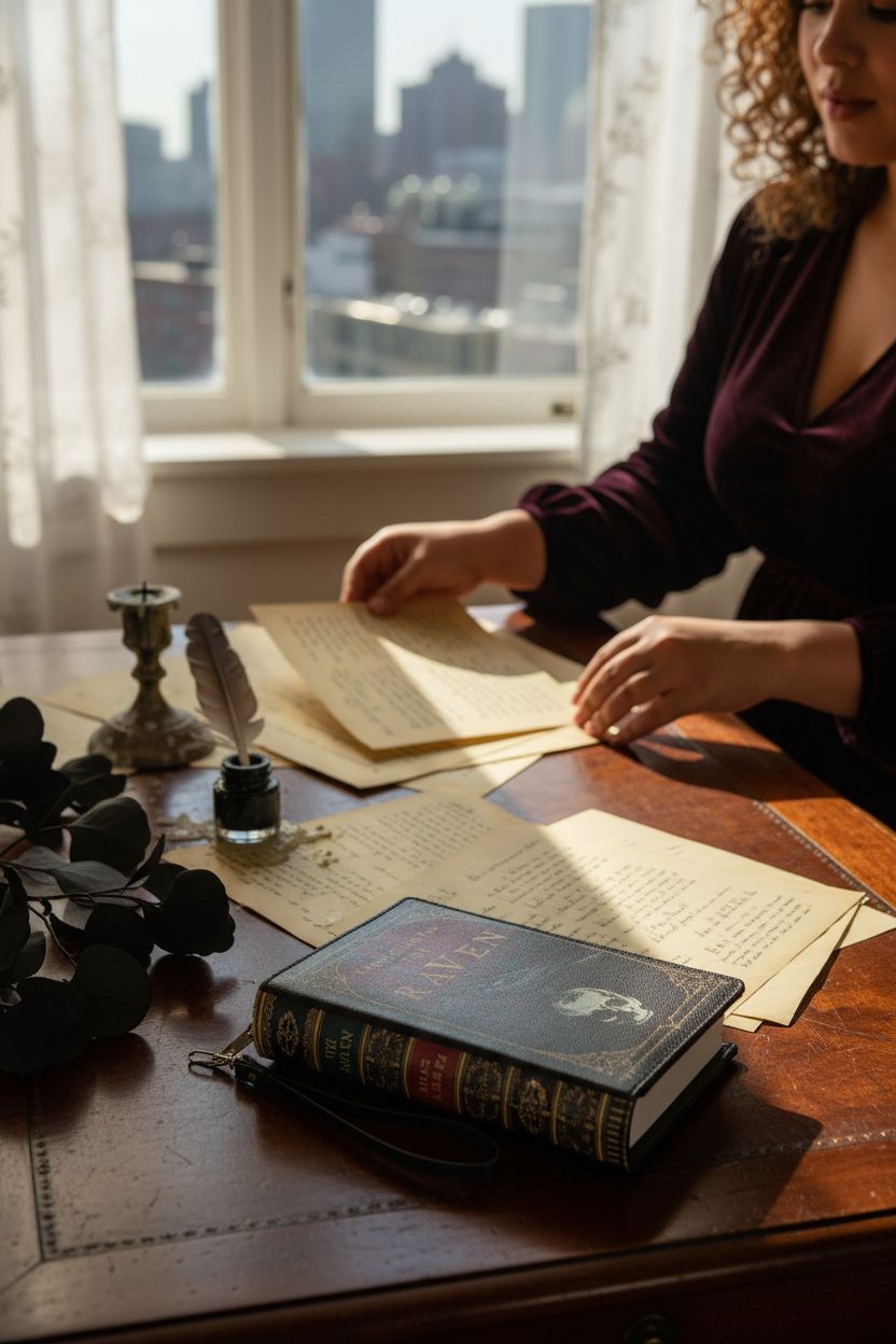 The Raven book purse by Things2Die4 on a vintage writing desk, evoking literary charm.