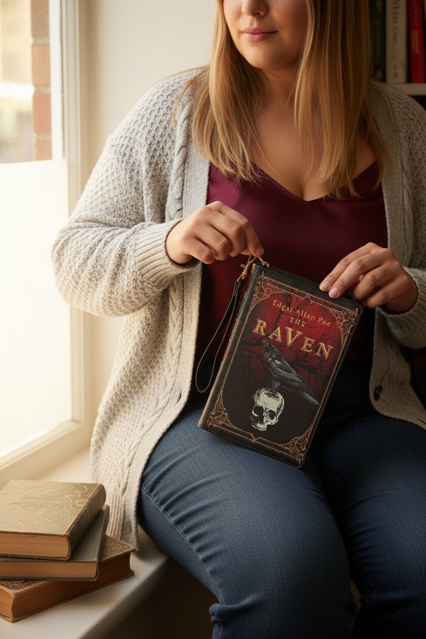 The Raven clutch purse by Things2Die4 resting on a cozy café lap, perfect for book lovers.