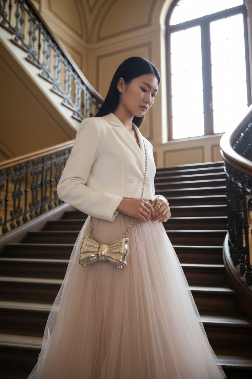 QZUnique silver bow purse displayed stylishly with a soft blush dress, perfect for evening events.