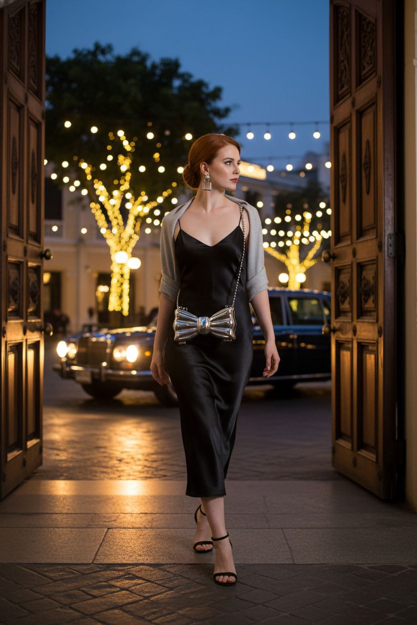 QZUnique silver bow purse glimmering in twilight, ideal for weddings and parties with a sleek outfit.