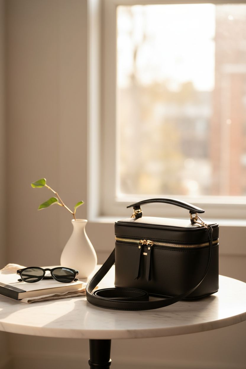 LOVEVOOK black boxy bag on a marble table in a minimalist apartment setting