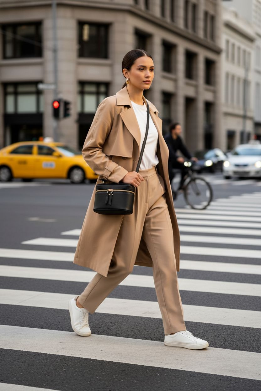 LOVEVOOK Crossbody Bag in structured black PU leather at a city crosswalk