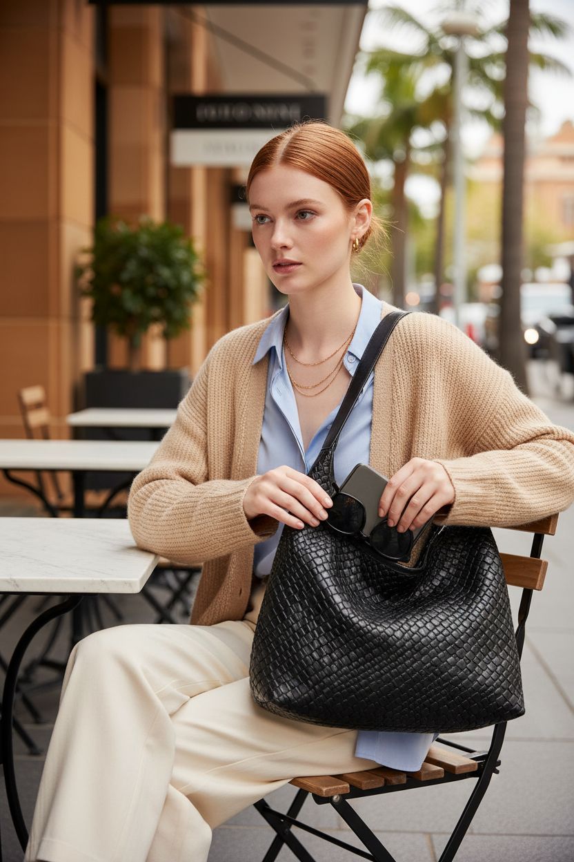 Black woven hobo bag by Amszke resting on a shoulder at a café, showcasing braided design.