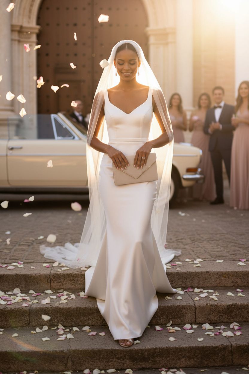 BBjinronjy taupe suede bridal clutch with gold trim in celebratory outdoor setting