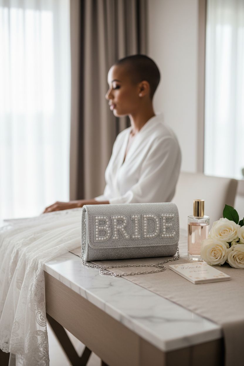 TWPER silver bride clutch resting on marble with wedding essentials in a sunlit setting