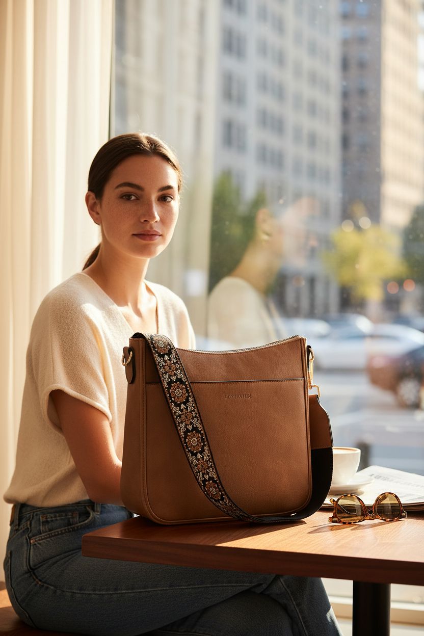 BOSTANTEN brown leather purse resting on a sunny café table, capturing a cozy lifestyle moment