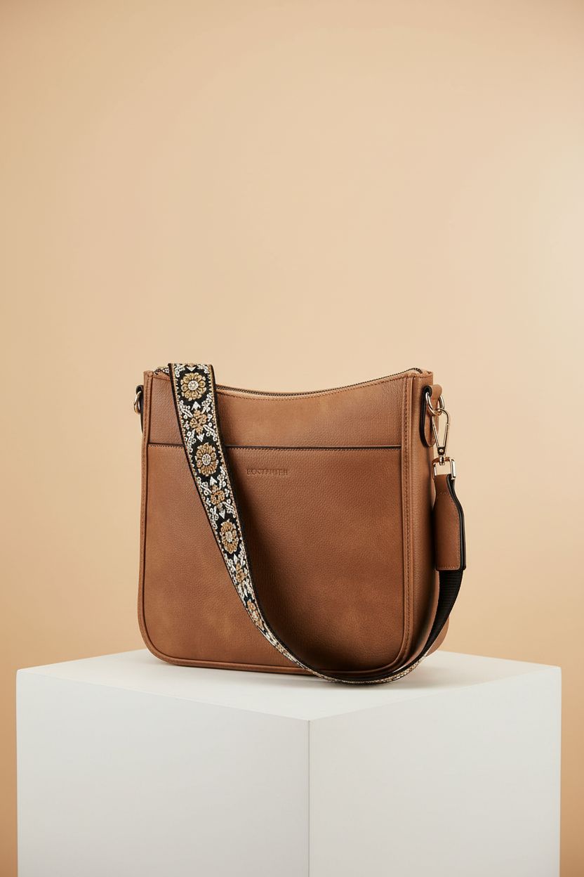 BOSTANTEN brown leather hobo bag displayed on a minimalist pedestal, showcasing its elegant design