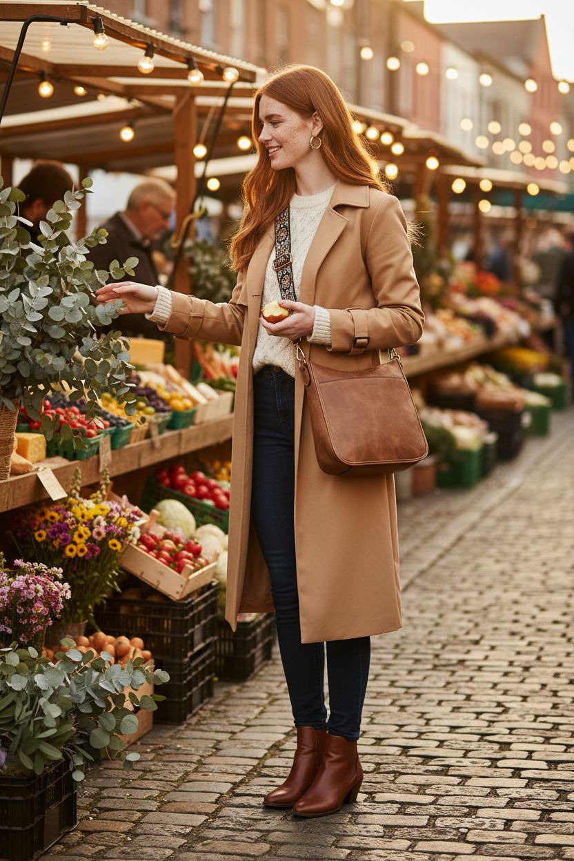 BOSTANTEN brown leather purse in a vibrant market setting, showcasing stylish vegan leather design