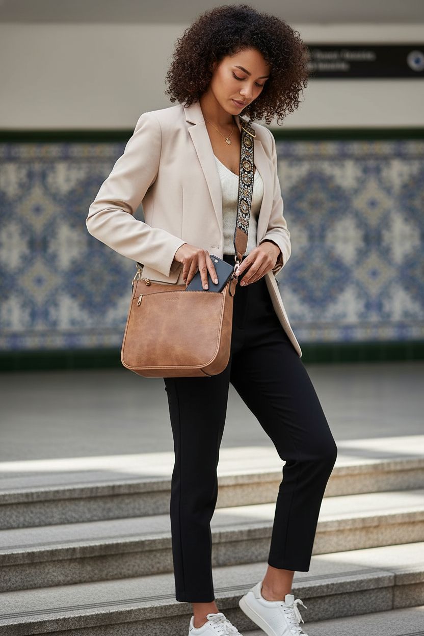 BOSTANTEN brown leather purse worn crossbody, highlighting functional pockets and chic style