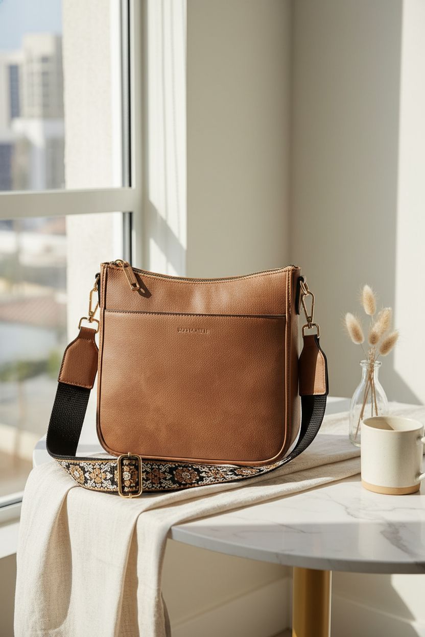 BOSTANTEN brown shoulder bag resting on a marble table, featuring a wide strap and elegant vegan leather texture.