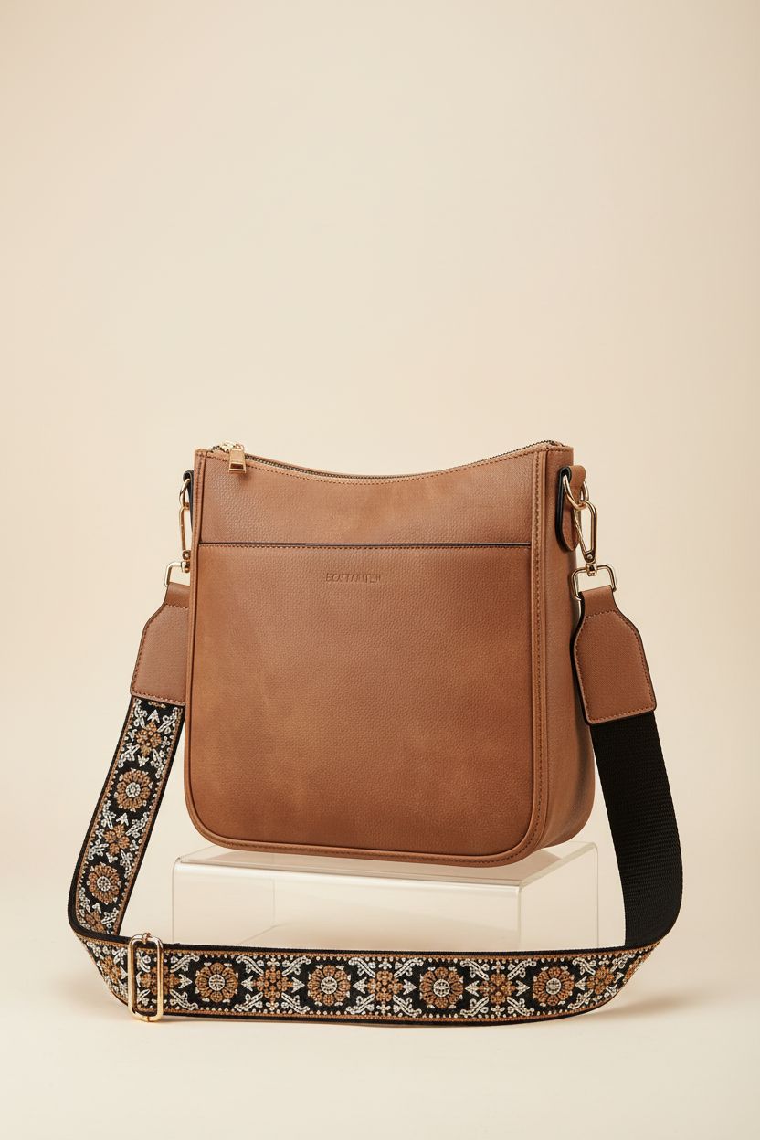 BOSTANTEN brown shoulder bag showcased in a studio setting, emphasizing its wide strap and gold-tone zipper.