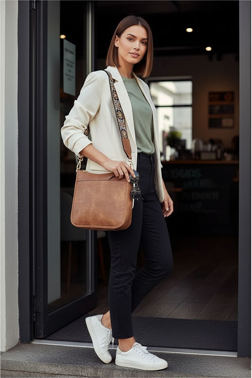 BOSTANTEN brown shoulder bag with gold hardware at a cafe, highlighting its magnetic pocket and chic design.