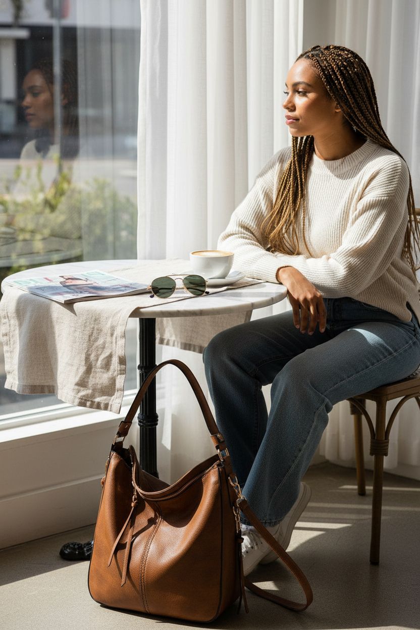 Open Realer bucket bag purse resting on a café table with a cappuccino and magazine.