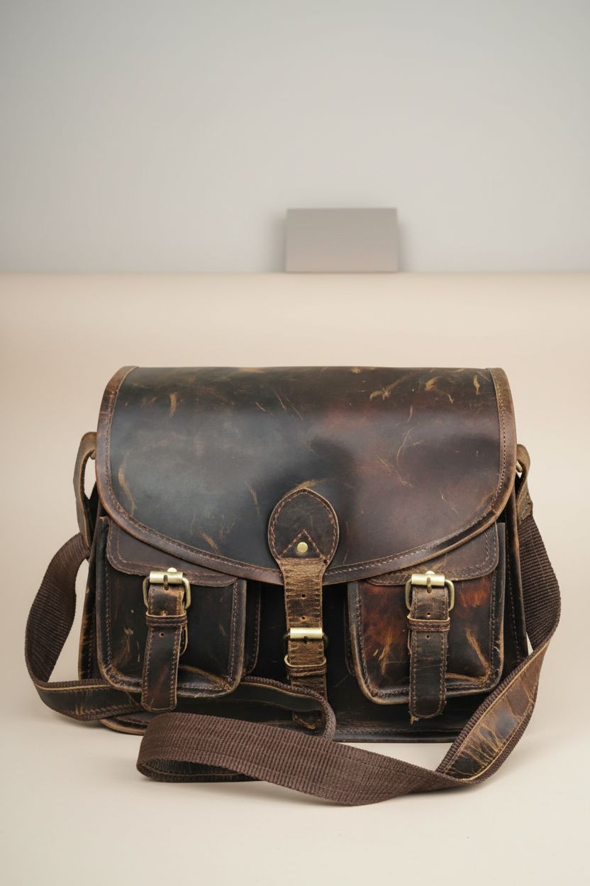 Product shot of Ruzioon buffalo leather crossbody purse, showcasing its handcrafted artistry and premium material.