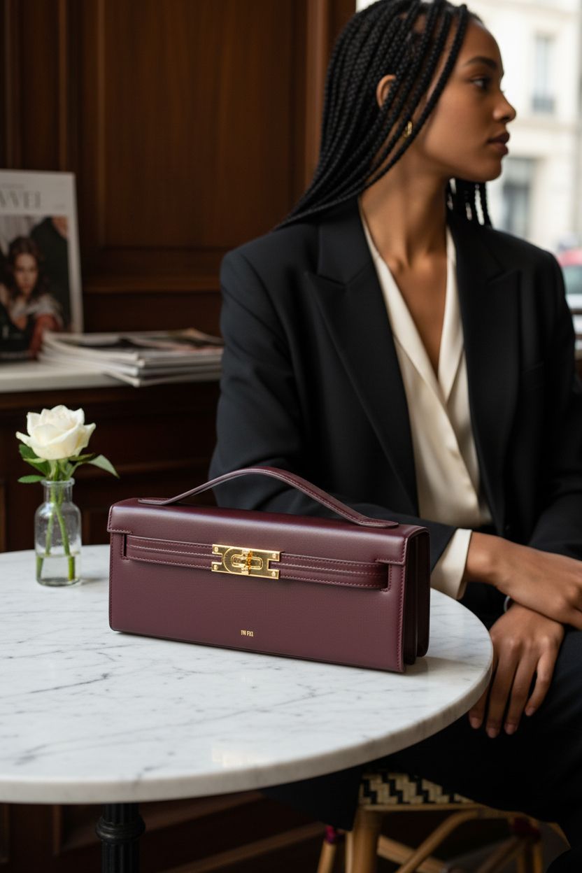 JW PEI deep burgundy handbag on a marble table, highlighting its sleek vegan leather design and gold hardware.