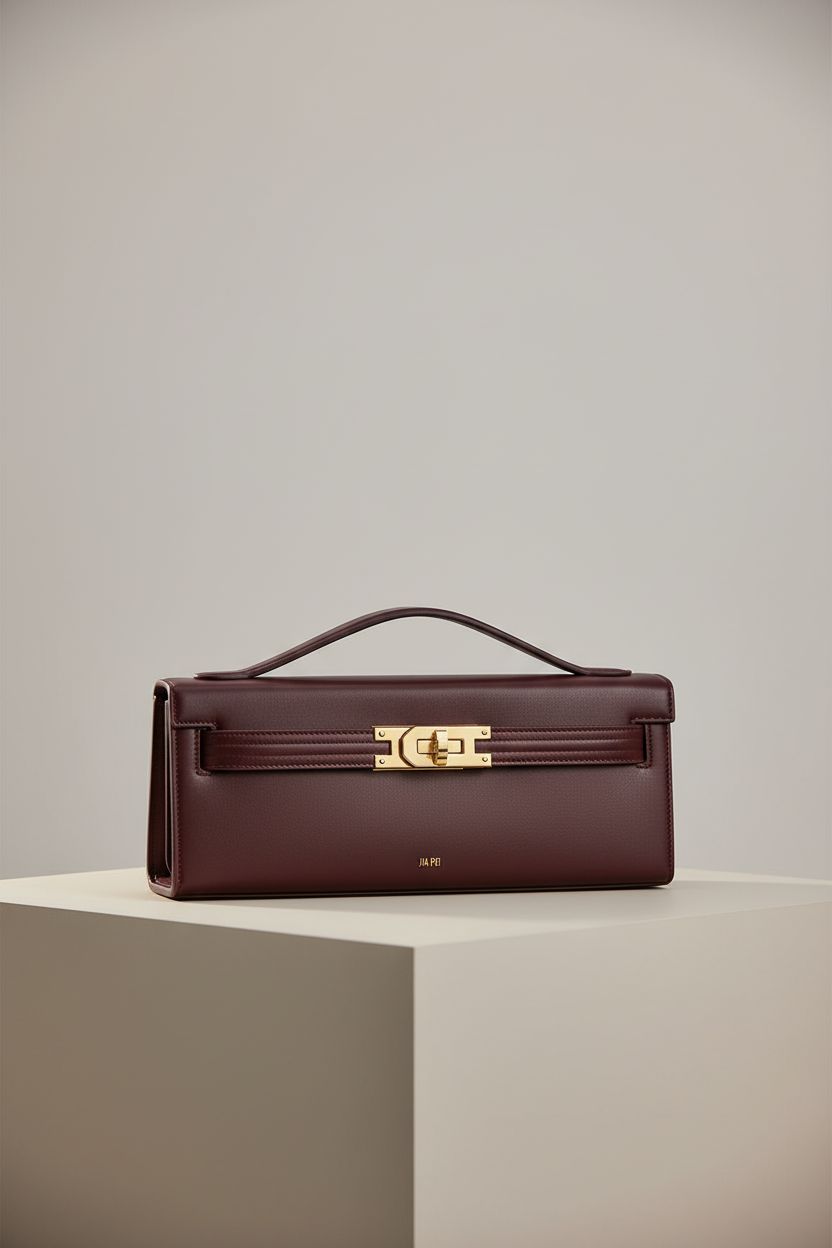 JW PEI structured burgundy handbag displayed on a minimalist pedestal, emphasizing its top handle and clasp.