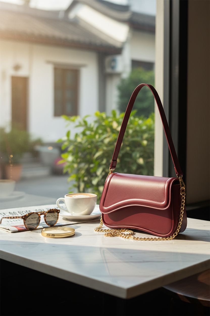 KKXIU burgundy shoulder bag elegantly staged on marble table with morning light and stylish accessories.