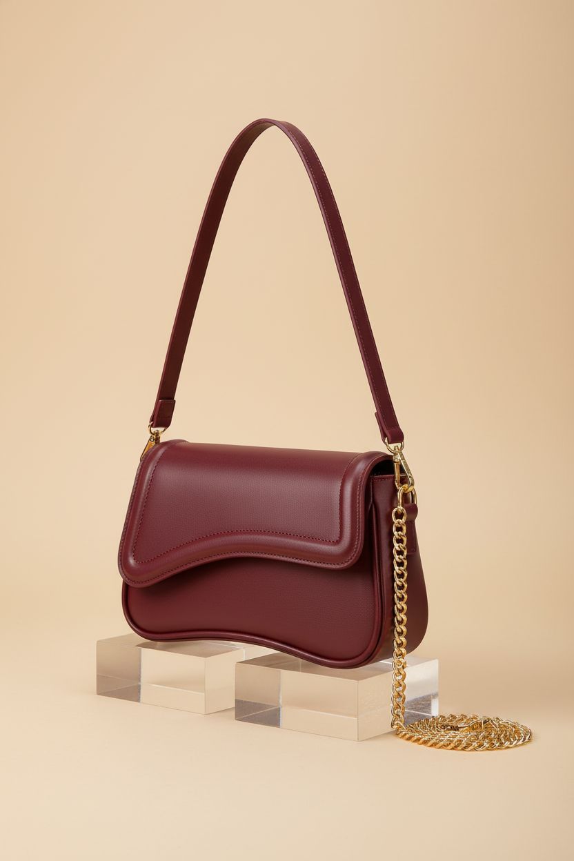 KKXIU burgundy shoulder bag in studio setting, showcasing leather grain and gold hardware details.