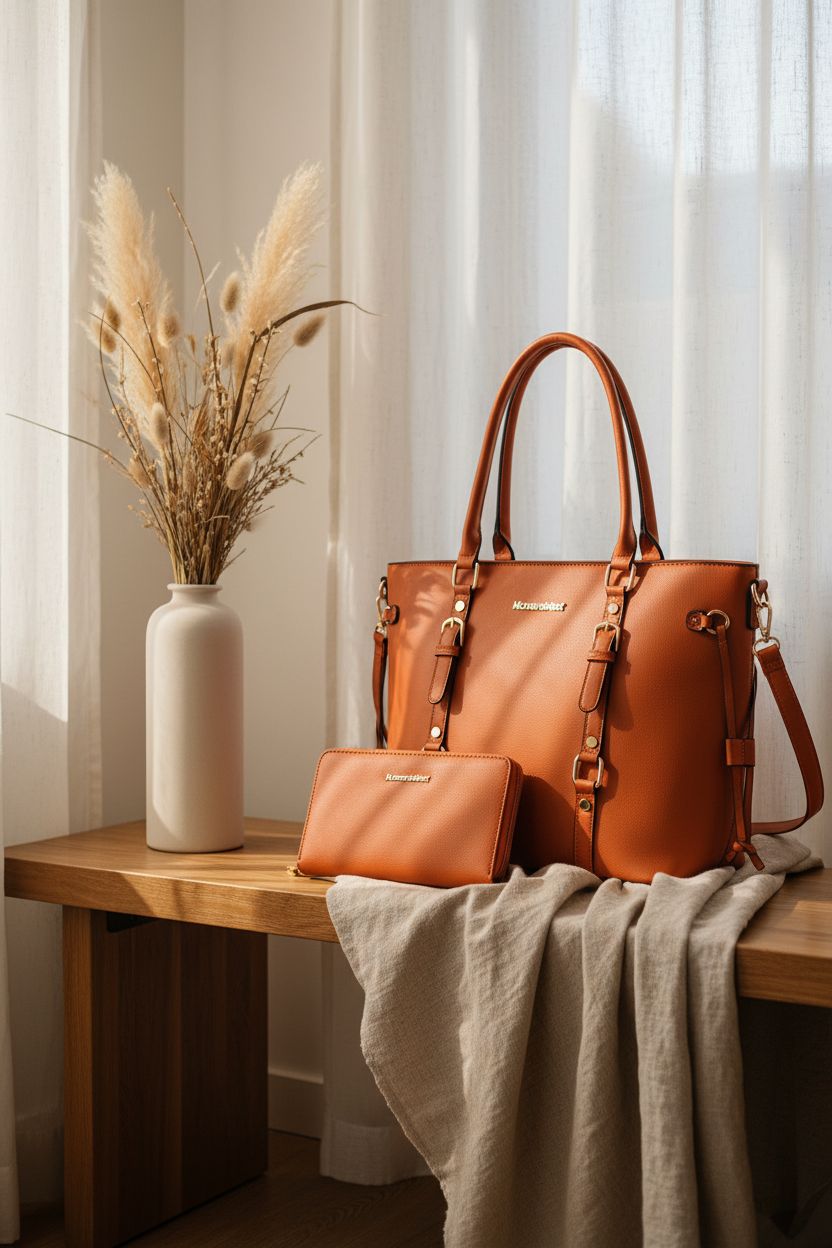 Montana West burnt orange purse set in a cozy entryway, featuring a sunlit display.
