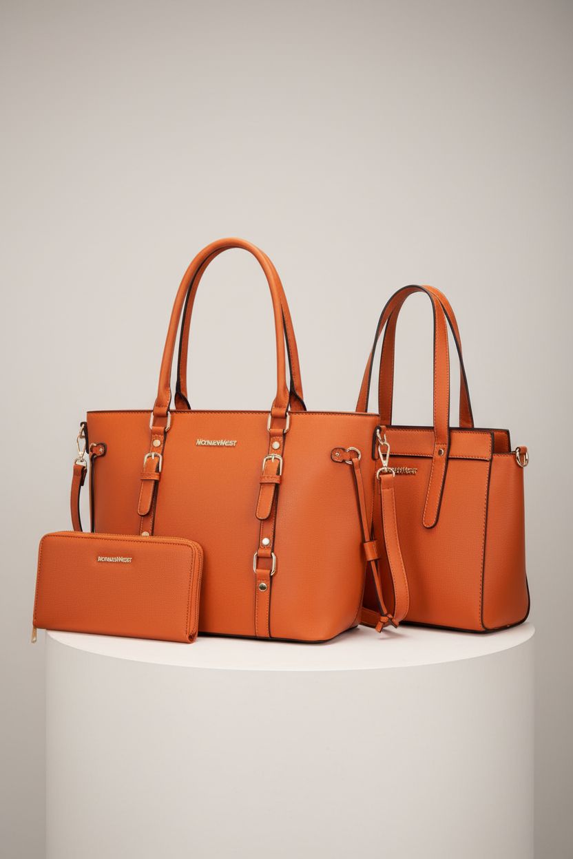 Product-focused image of Montana West burnt orange handbag and wallet set on a studio pedestal.