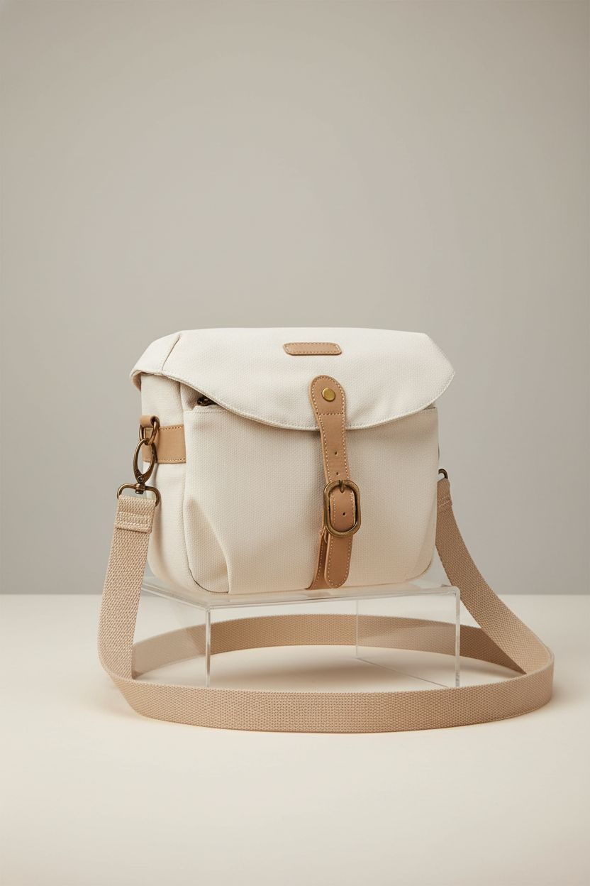 BAGSMART ivory canvas camera bag showcased on acrylic riser, highlighting its design details.