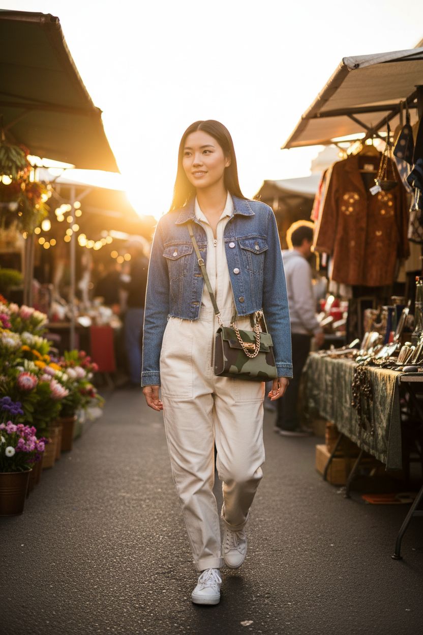 RoseSeek women's camo flap square bag worn crossbody at a market, green camo print.