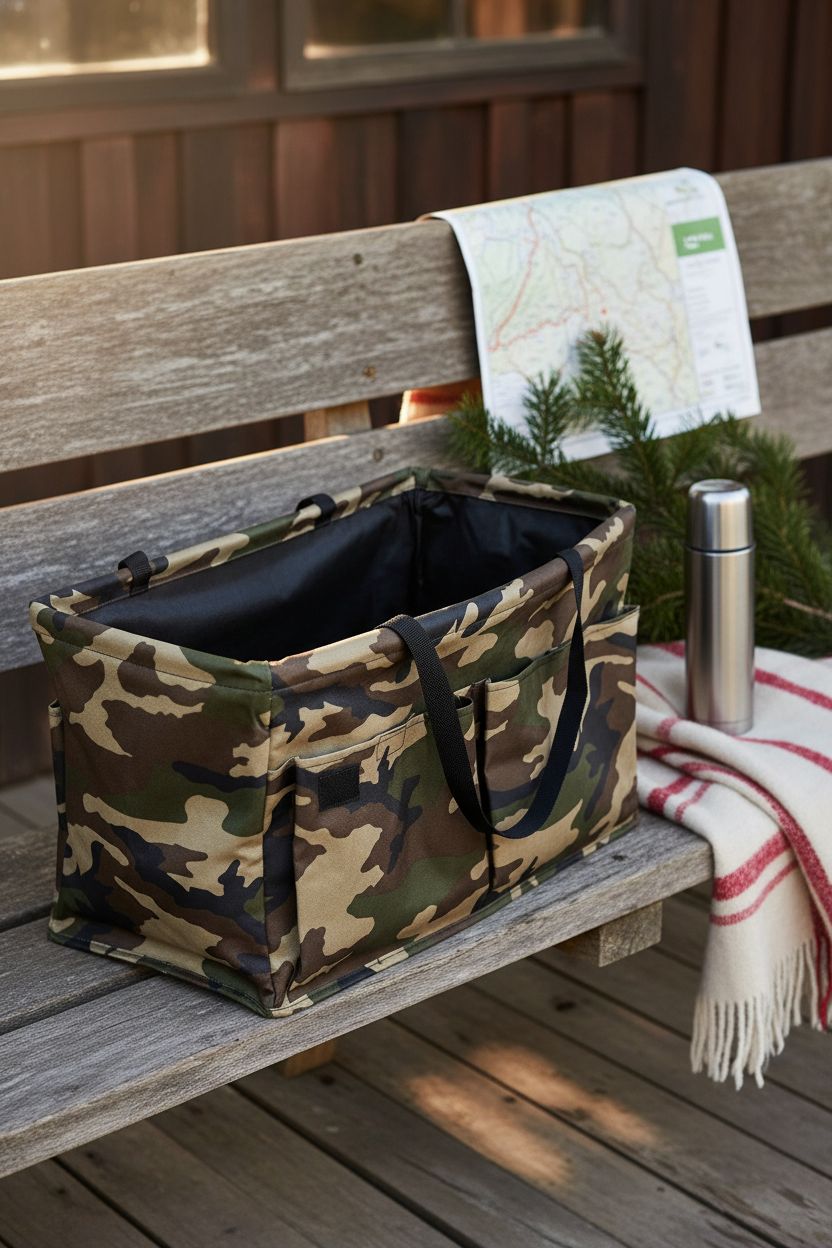 Household Essentials camo tote bag on a cabin porch with a blanket and thermos, great for weekend getaways.