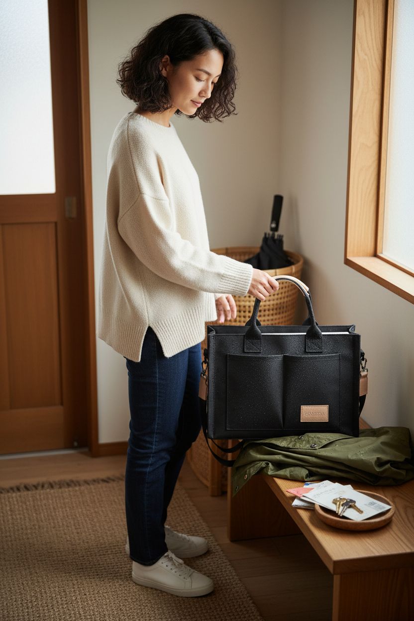 GASSDA canvas tote purse resting on an oak bench, accentuating its stylish design.