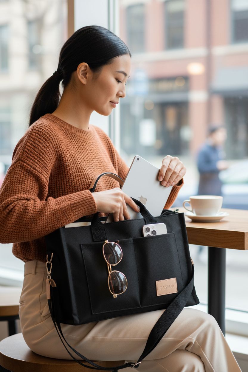 GASSDA canvas tote purse in a cozy café setting, showcasing pockets and texture.