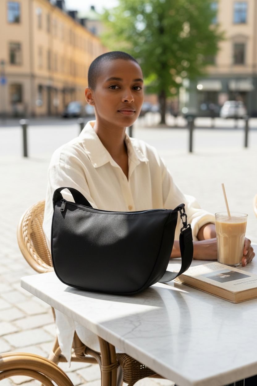 Iioscre crescent crossbody bag on a cafe table, ideal for casual outings with style.