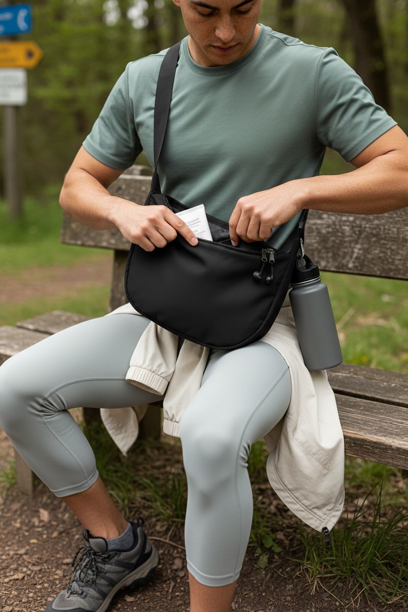 Lightweight crescent crossbody bag by Iioscre, perfect for hiking with double zippers.
