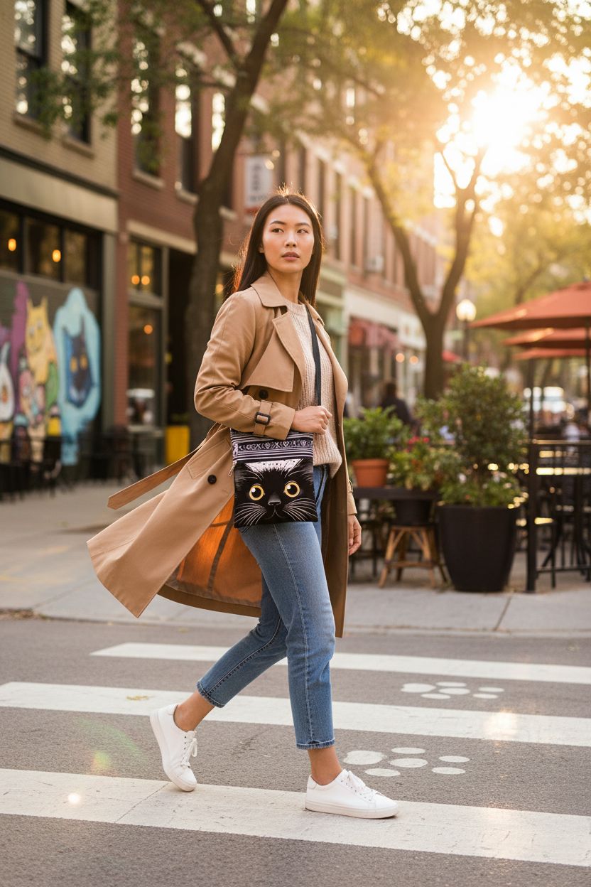 Black cat print crossbody purse by XiaoGalaee, perfect for cat lovers on the go.