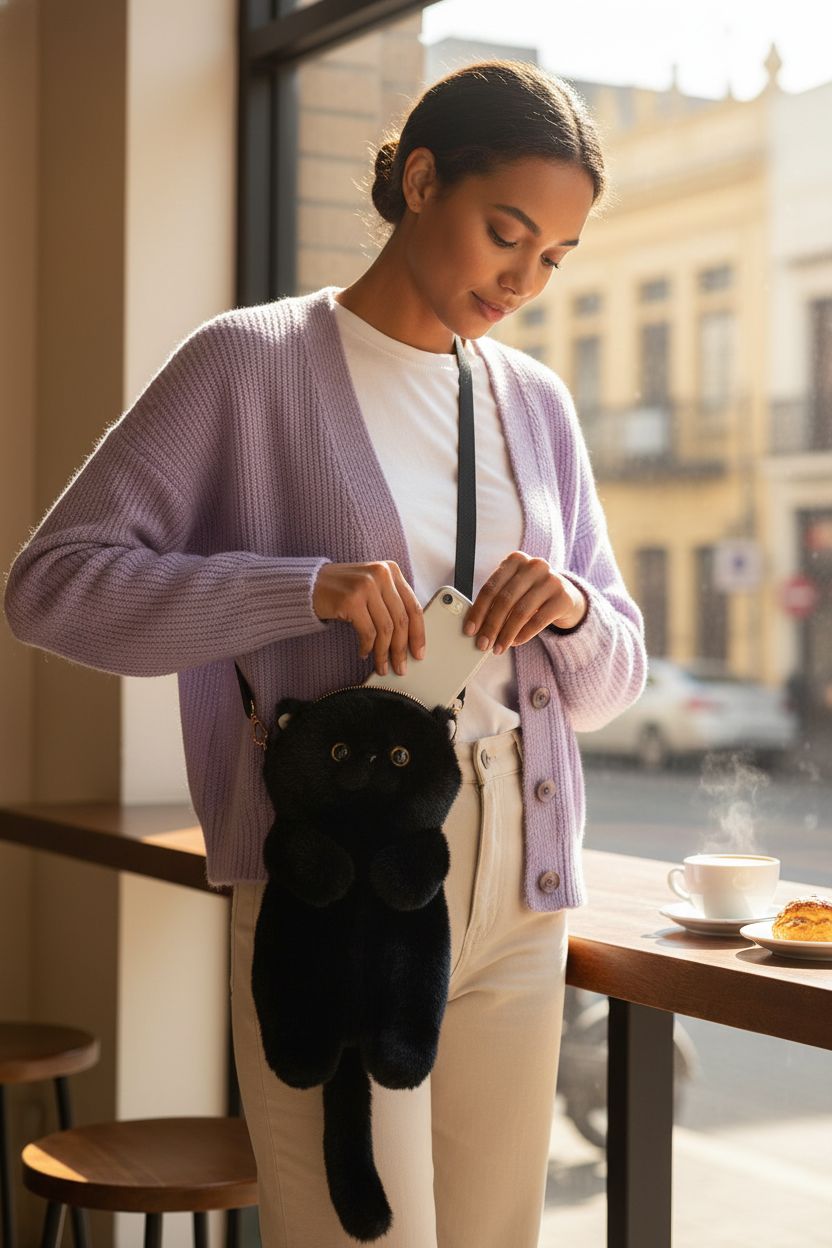 HUIJUFU black cat purse with zipper and hardware, perfect for casual outings.