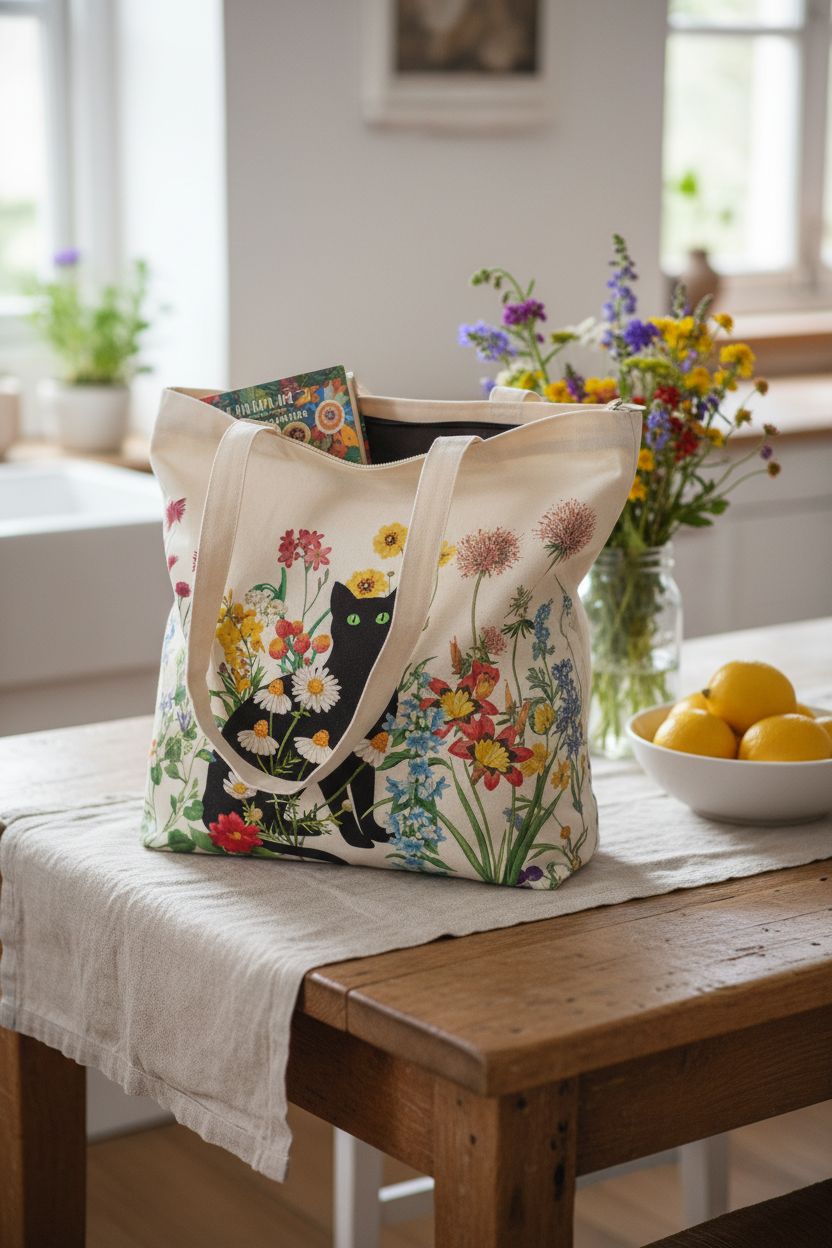 bmuvghi black cat canvas tote bag on farmhouse table with flowers and lemons