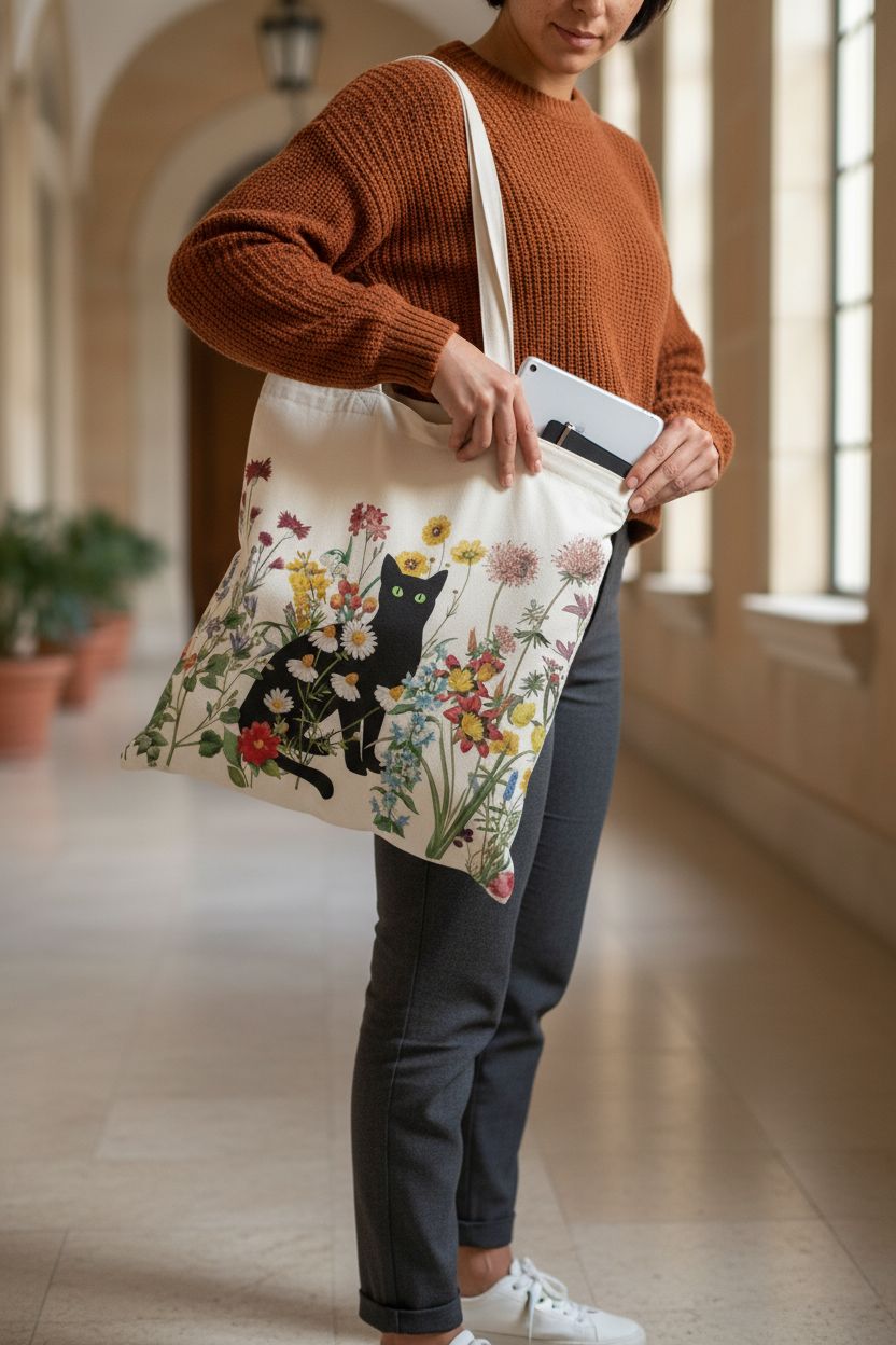 bmuvghi black cat canvas tote bag with zipper pockets on a stylish walkway