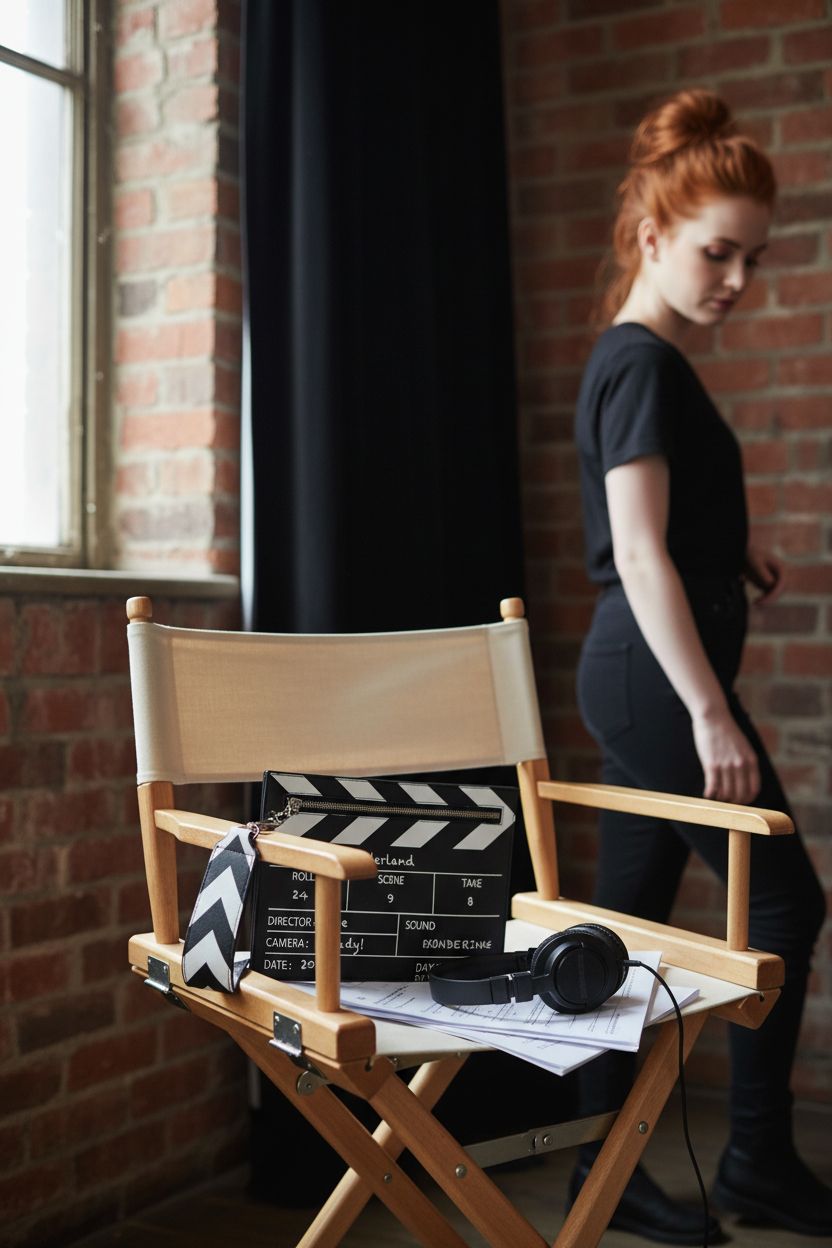 ModaBay clapperboard bag on a vintage dressing room vanity with warm lighting.