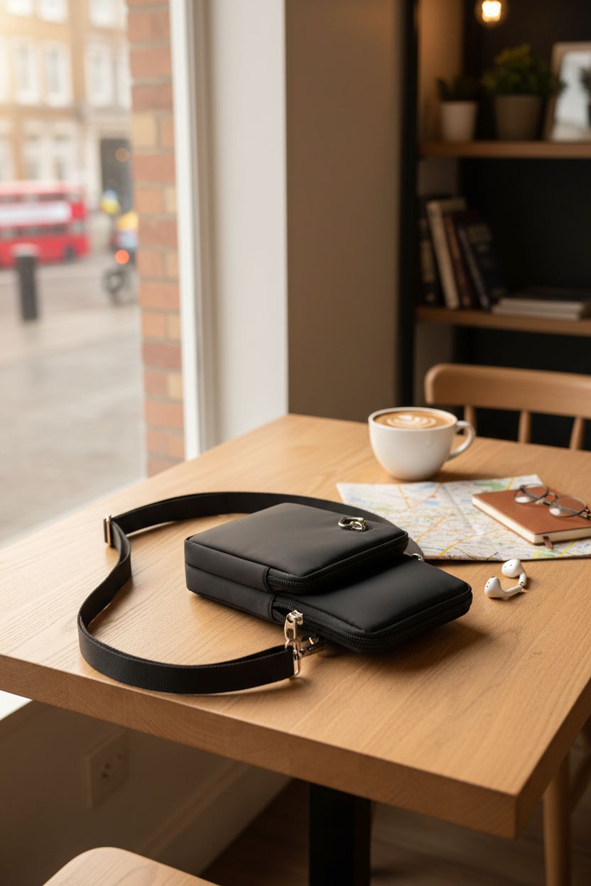 Cozy café scene featuring JANKS nylon crossbody bag, hinting at organized storage for daily essentials.