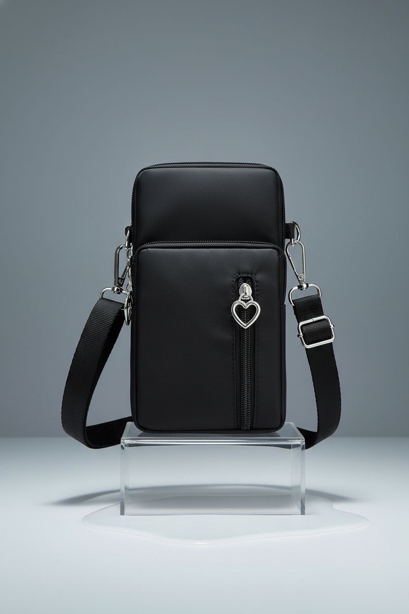 JANKS small crossbody bag on a seamless grey backdrop, highlighting its sleek design and water-resistant feature.
