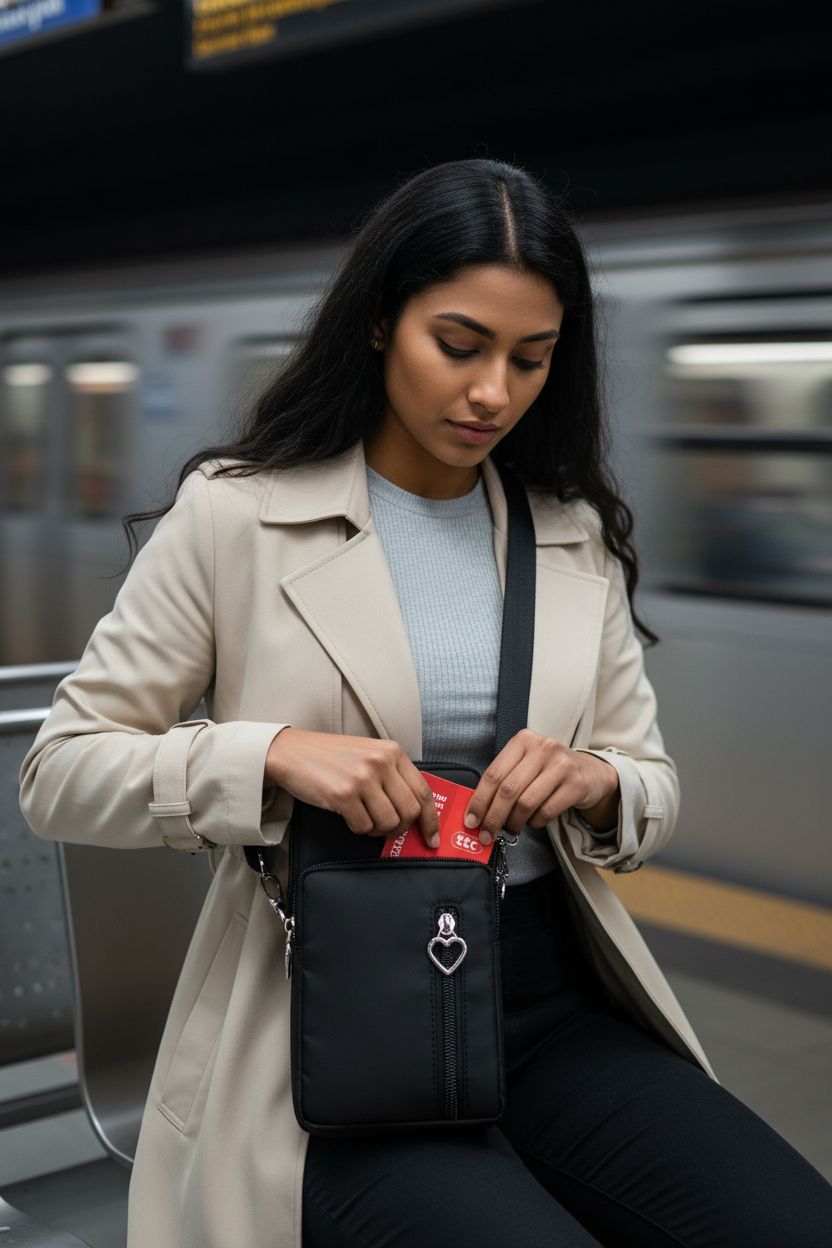 JANKS small crossbody bag for women in nylon on a metro platform, showcasing phone wallet functionality.