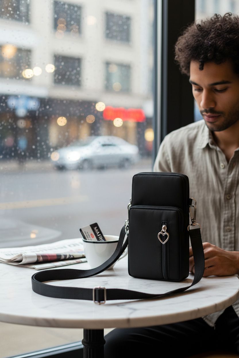 JANKS phone purse displayed on a marble table in a café, showcasing its stylish design and functional pockets