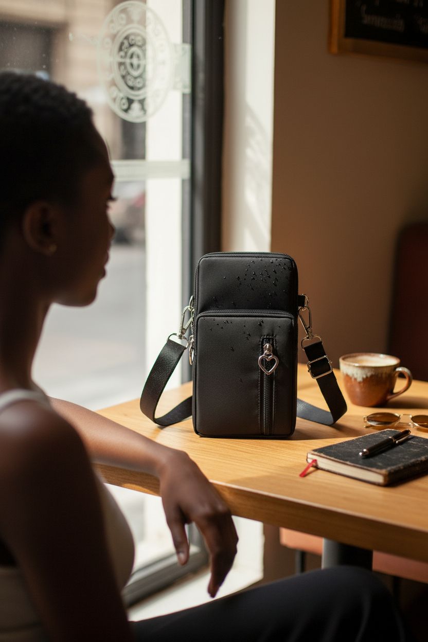 Cozy scene featuring JANKS purse on a café table, emphasizing its compact design and everyday utility.