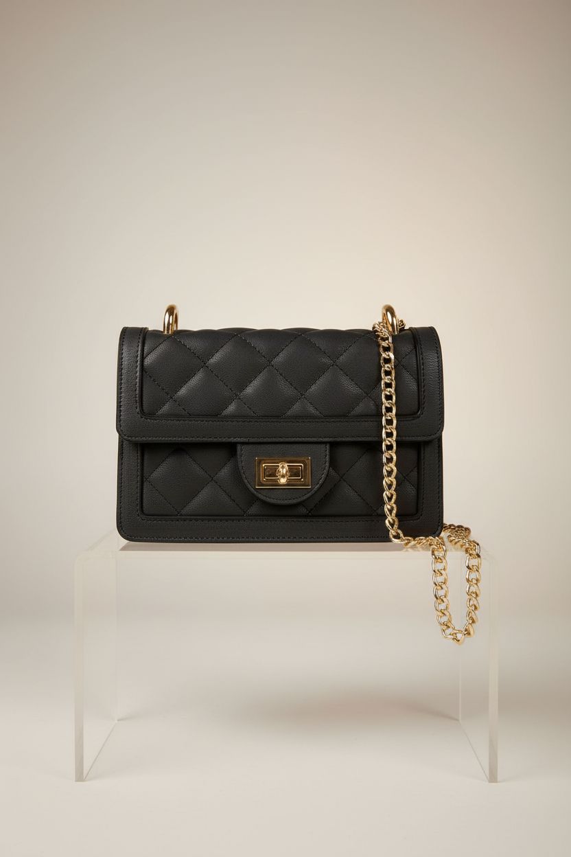 SG SUGU small quilted crossbody bag on a clean backdrop highlighting its vegan leather and gold details.