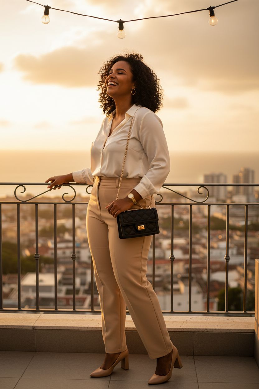 Elegant SG SUGU crossbody bag with gold chain on a rooftop terrace during sunset.