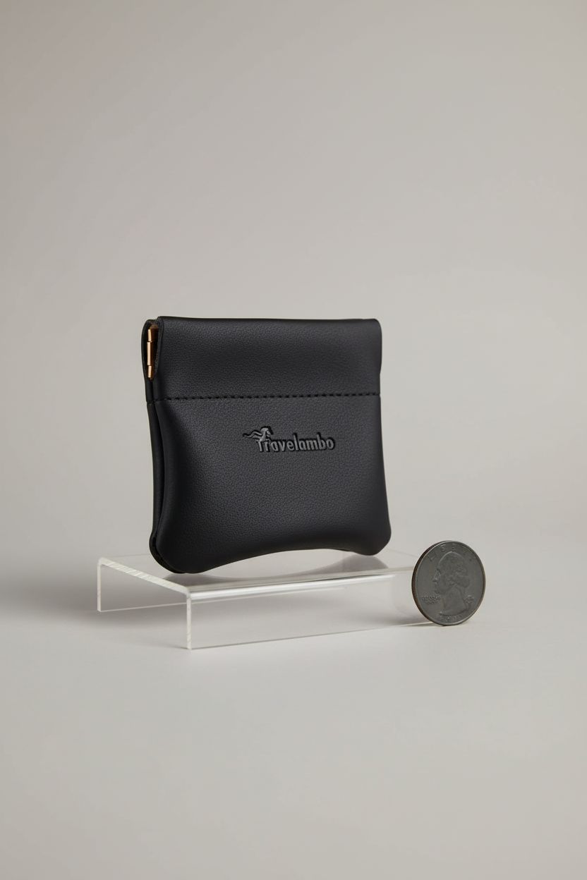 Close-up of Travelambo black leather change purse on a neutral background, emphasizing quality craftsmanship.