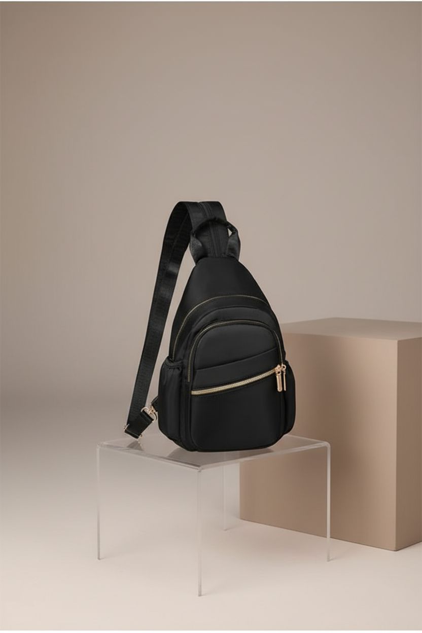 Xsecnua small crossbody bag in studio, showcasing its sleek design and functional features.