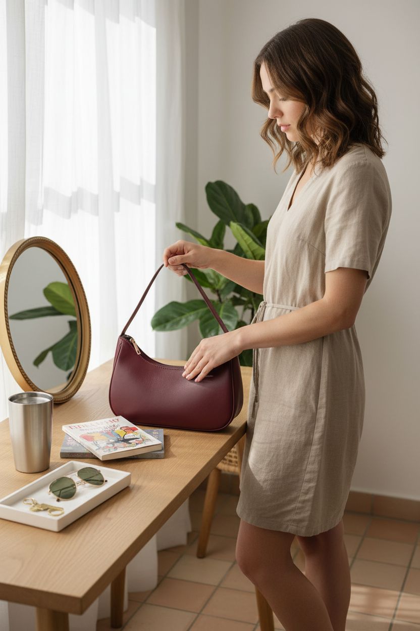 WSRYDJDL wine red hobo bag on a console table, great for home and daily use.