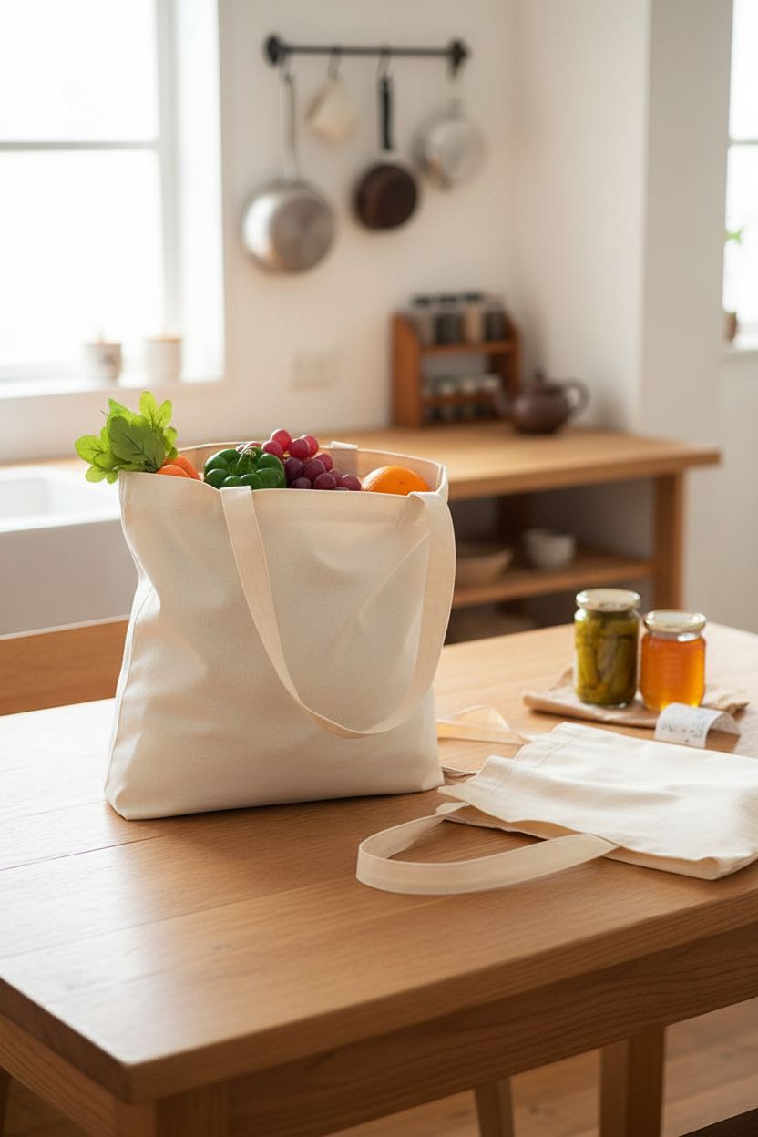 Natural cotton tote bag resting on an oak table filled with groceries, highlighting NPBAG's charm.