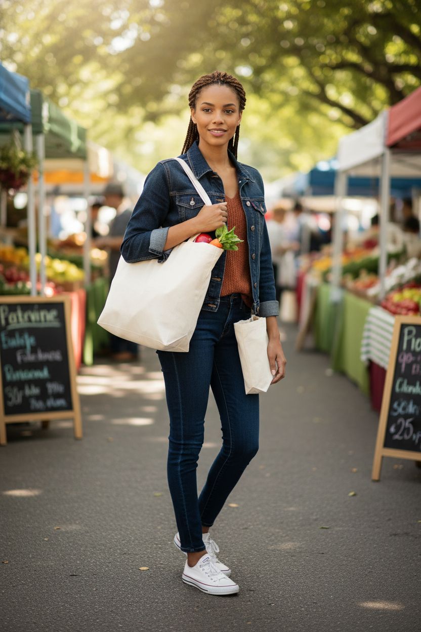 Eco-conscious shopper with natural cotton tote bag at a vibrant farmers' market, NPBAG style.